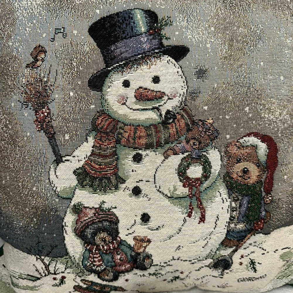 Vtg Riverdale Tapestry Snowman Pillow Bear Winter Christmas Giordana USA 16